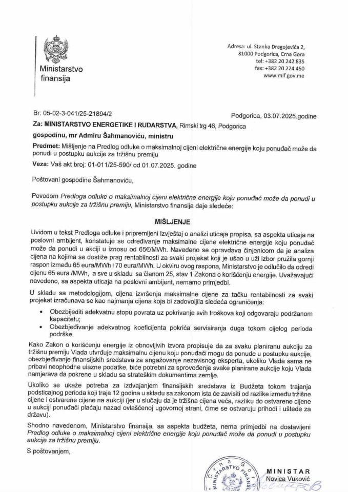 Mišljenje na Predlog odluke o maksimalnoj cijeni električne energije koju ponudjač moze da ponudi
