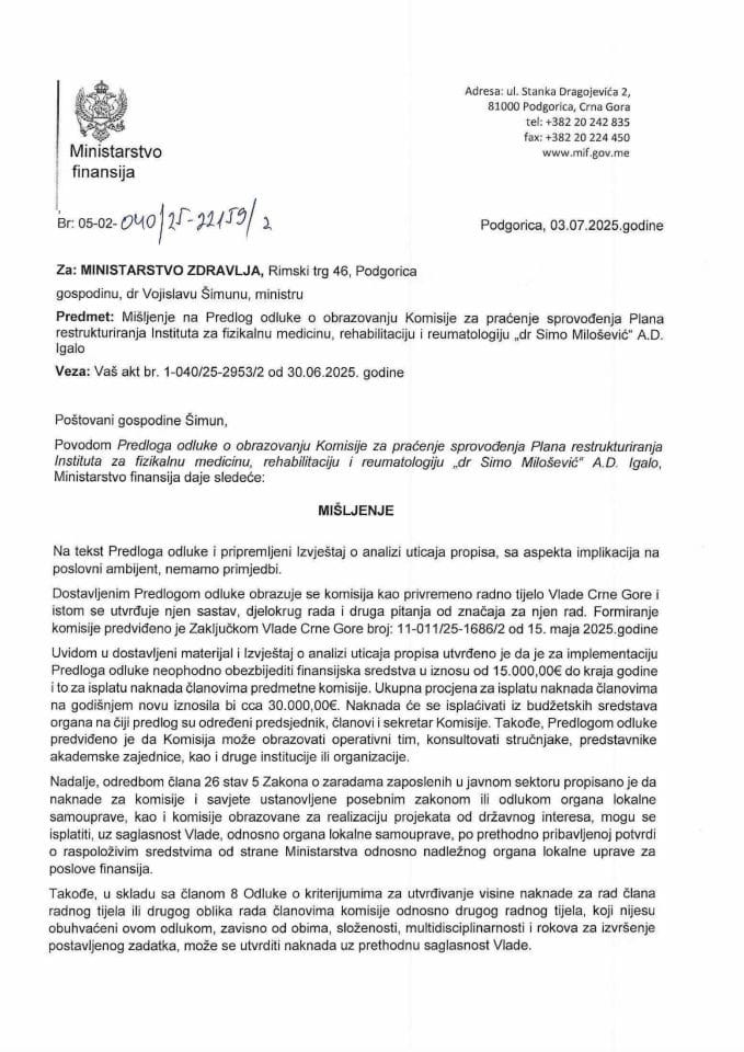 Mišljenje na Predlog odluke o obrazovanju Komisije za pracenje sprovodjenja Plana restruktruiranja