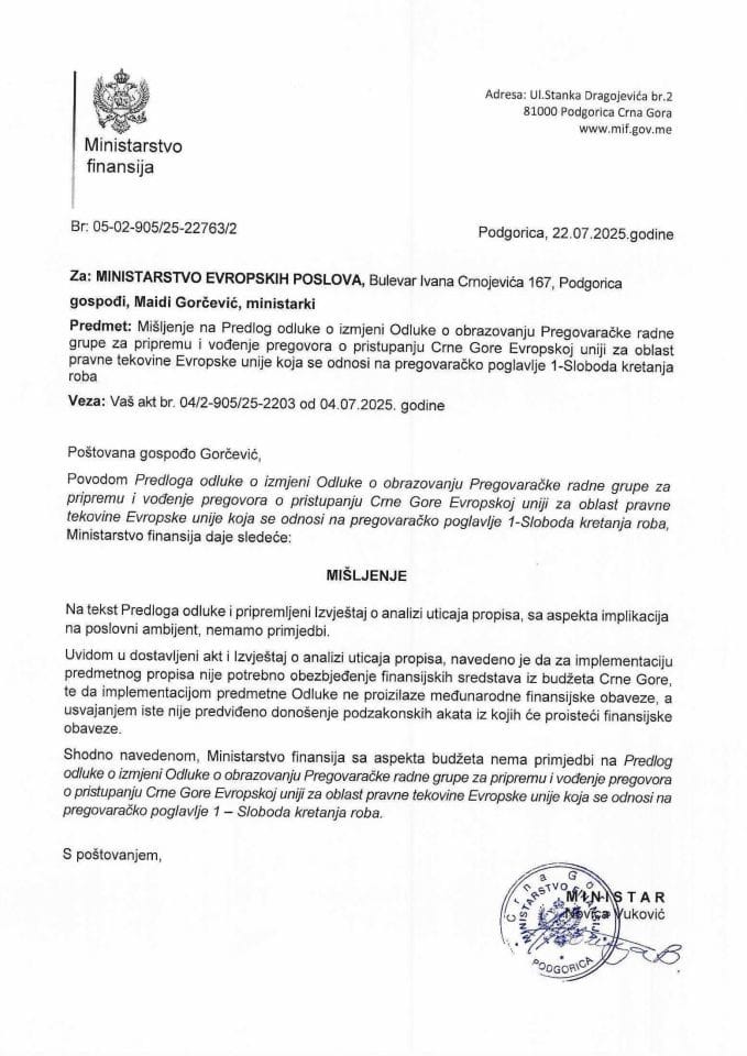 Mišljenje na Predlog odluke PP1