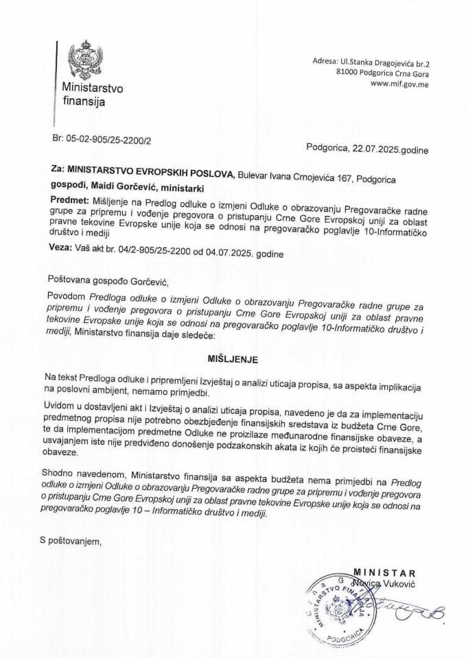 Mišljenje na Predlog odluke PP10