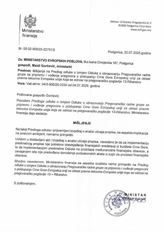 Mišljenje na Predlog odluke PP13