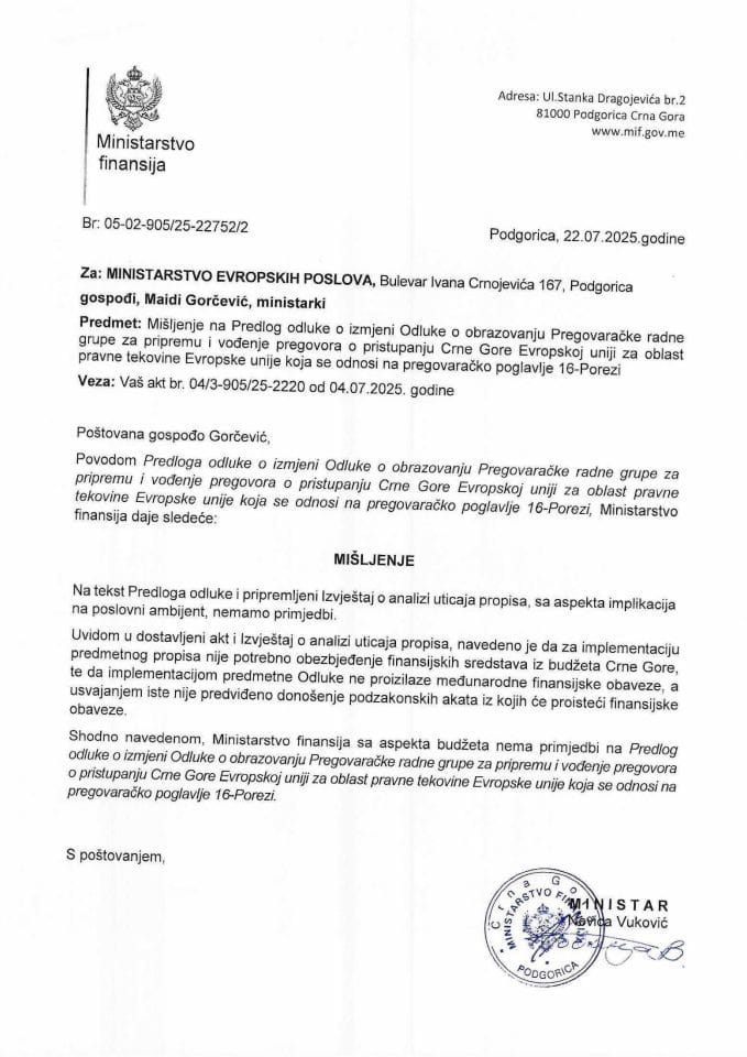 Mišljenje na Predlog odluke PP16