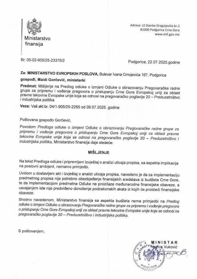 Mišljenje na Predlog odluke PP20