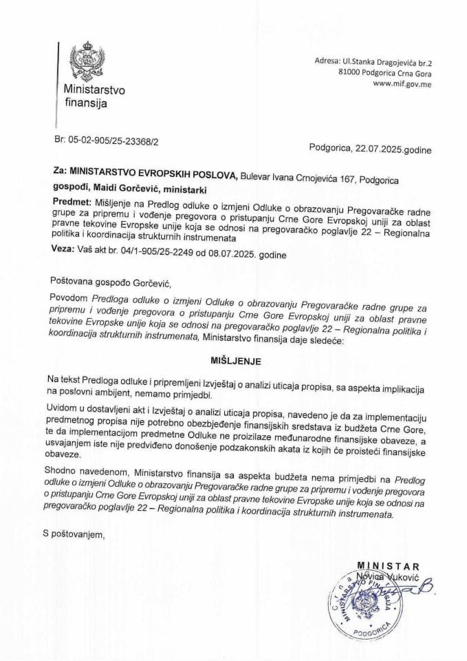 Mišljenje na Predlog odluke PP22