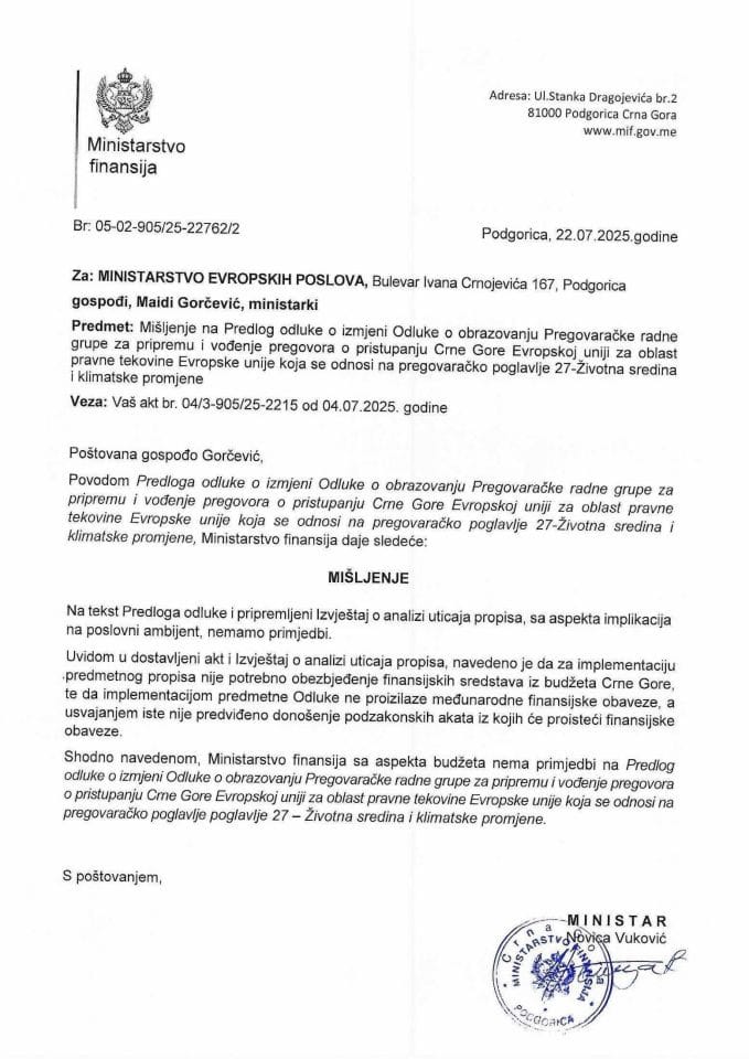 Mišljenje na Predlog odluke PP27