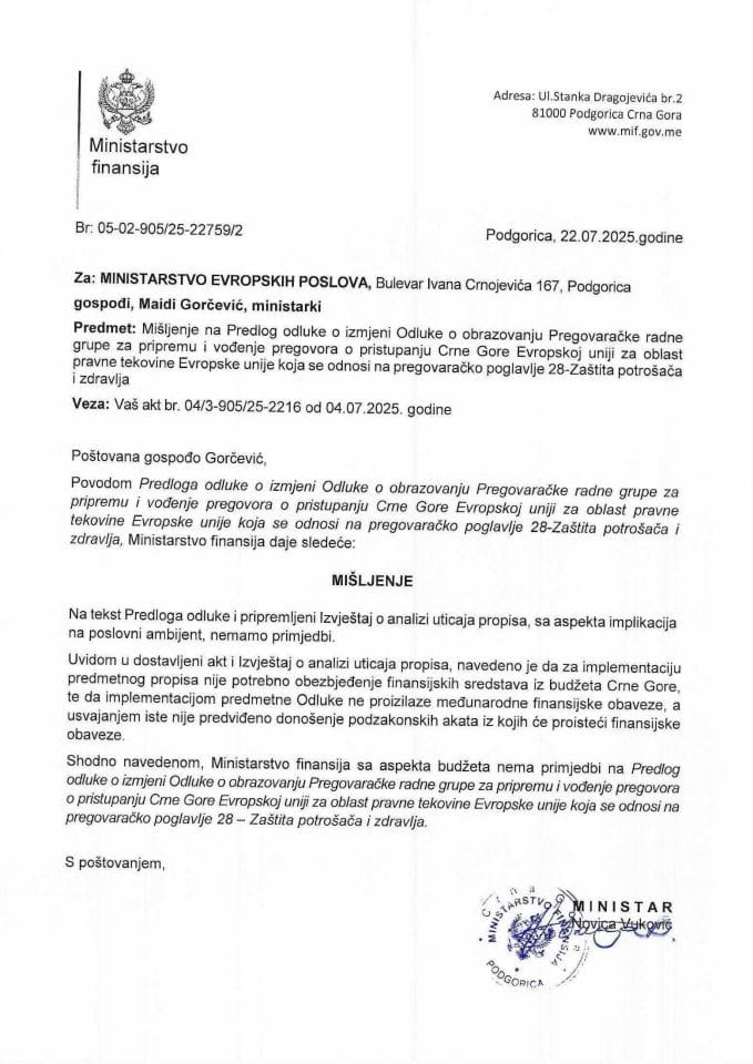 Mišljenje na Predlog odluke PP28