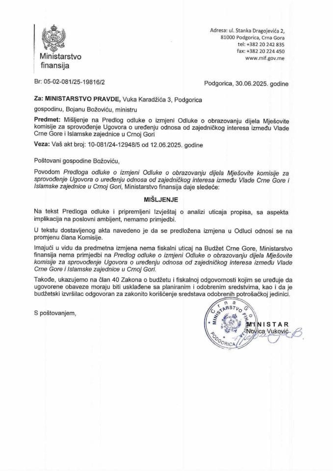 Mišljenje na Predlog odluke o izmjeni Odluke o obrazovanju dijela Mješovite komisije za sprovodjenje Ugovora