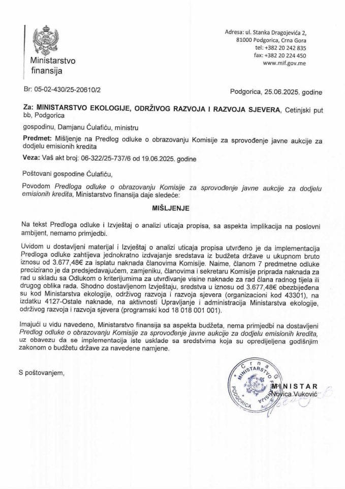 Mišljenje na Predlog pravilnika o obrazovanju  komisije za sproveđenje javne aukcija