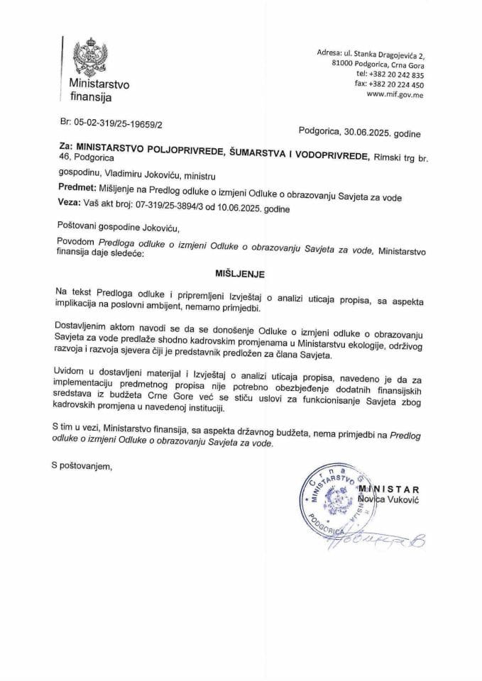 Mišljenje na Predlog odluke o izmjeni Olduka o obrazovanju Savjeta za vode