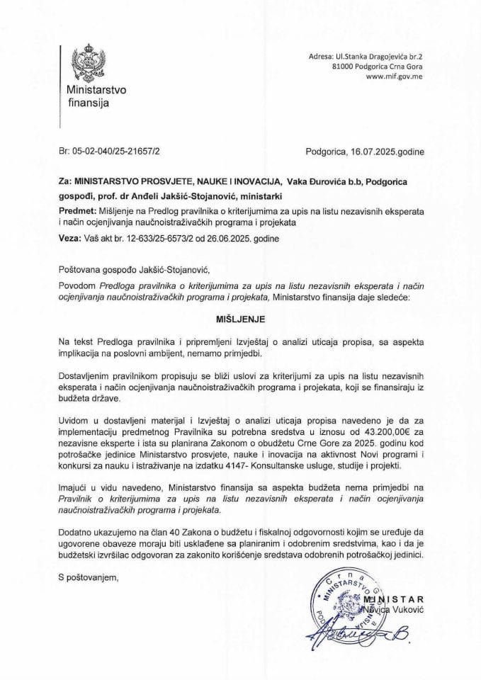 Mišljenje na Pravilnik o kriterijumima za upis na listu nezavisnih eksperata i način ocjenjivanja naučnoistraživačkih programa i projekata