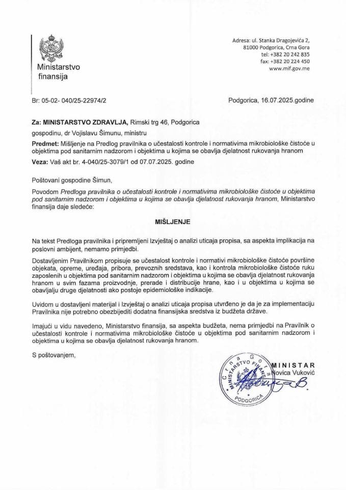 Mišljenje na Predlog pravilnika o učestalosti kontrole i normativima mikrobiloške čistoće u objektima pod sanitarnim nadzorom i