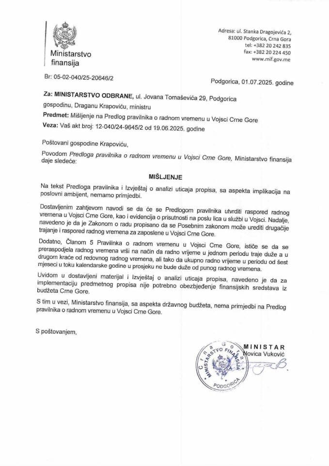 Mišljenje na Predlog pravilnika o radnom vremenu u Vojsci CG