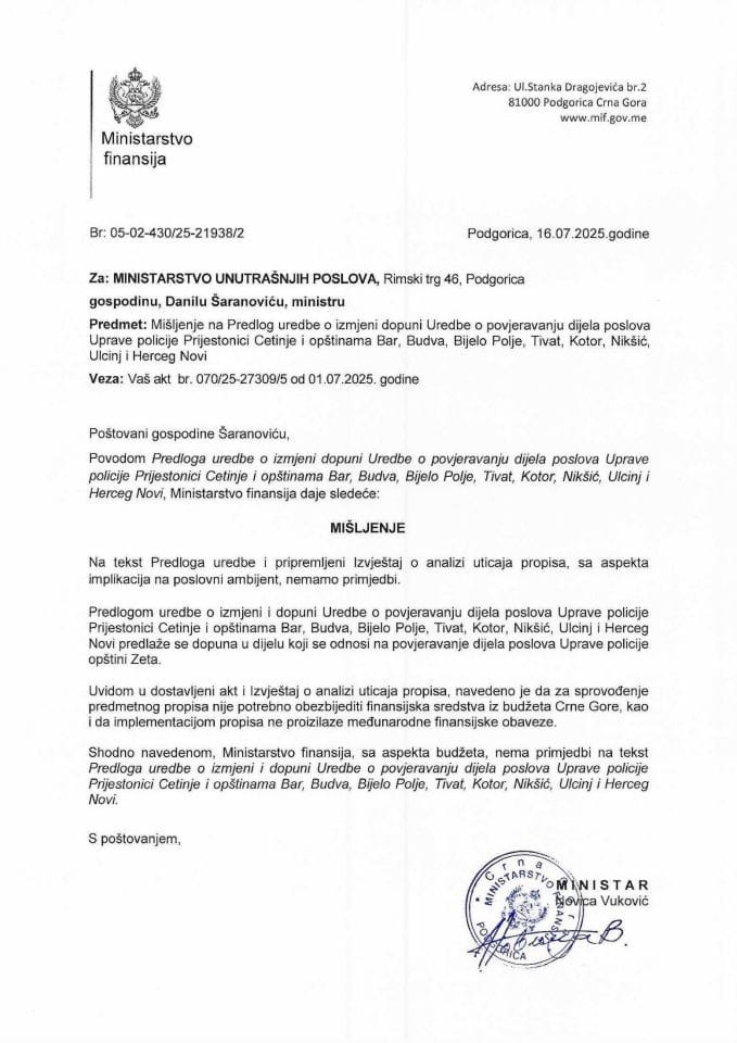 Mišljenje na Predlog uredbe o izmjeni i dopuni Uredbe o povjeravanju dijela poslova Uprave policije Prijestonici i opštinama