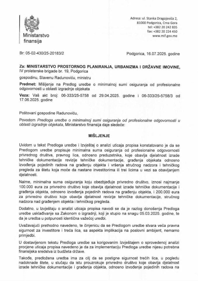 Mišljenje na Predlog uredbe o minimalnoj sumi osiguranja od profesionalne odgovornosti u oblasti izgradnje objekata