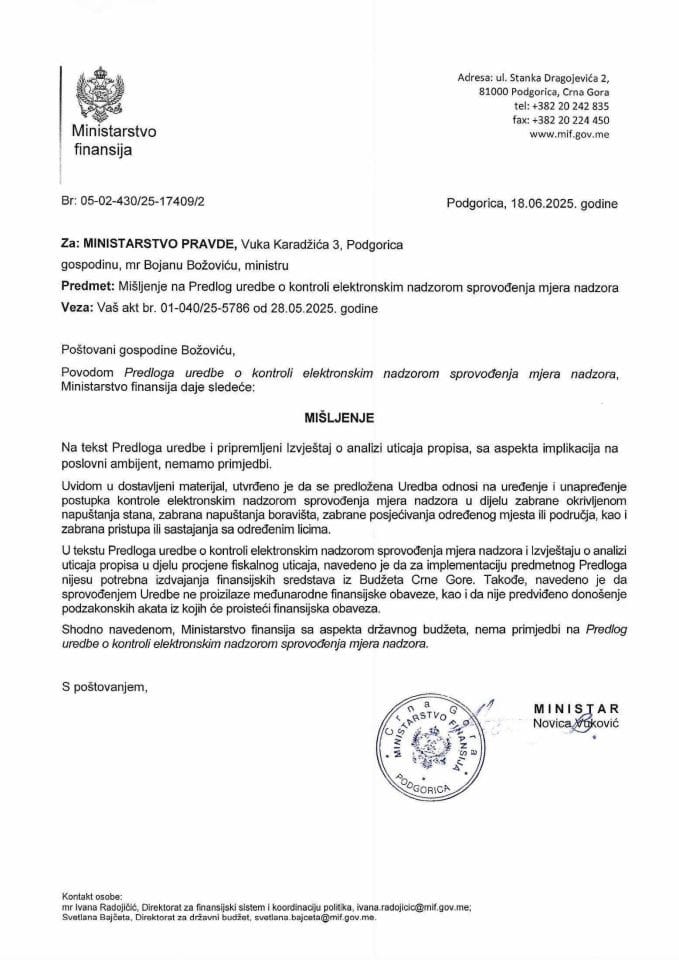 Mišljenje na Predlog uredbe o kontroli elektronskim nadzorom sprovođenja mjera nadzora