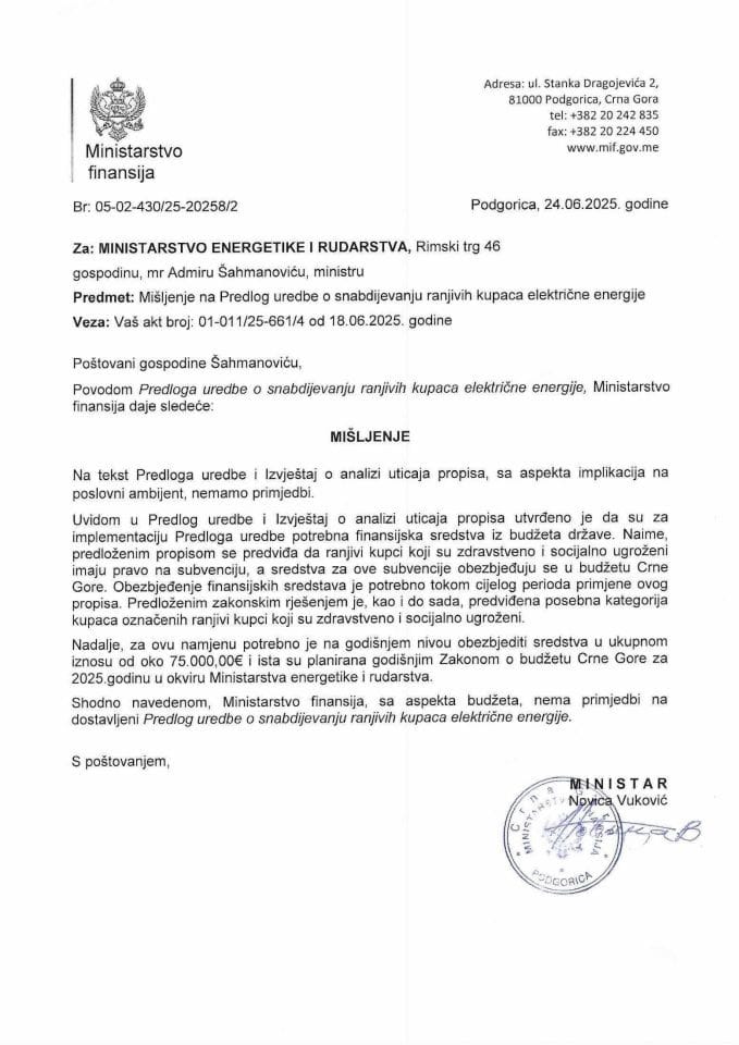 Mišljenje na Predlog uredbe o snabdijevanju ranjivih kupaca električne energije