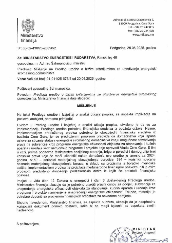 Mišljenje na Predlog uredbe o bližim kriterijumima za utvrđivanje energetski siromašnog domaćinstva