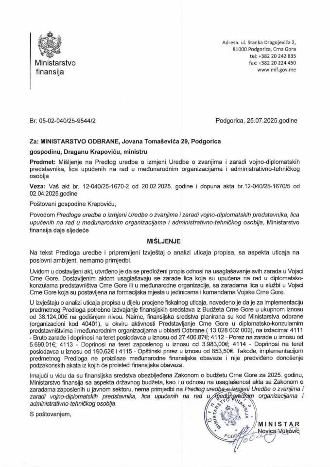 Mišljenje na Predlog uredbe o izmjeni Uredbe o zvanjima i zaradi vojno-diplomatskih predstavnika, lica upućenih na rad u međunarodnim organizacijama