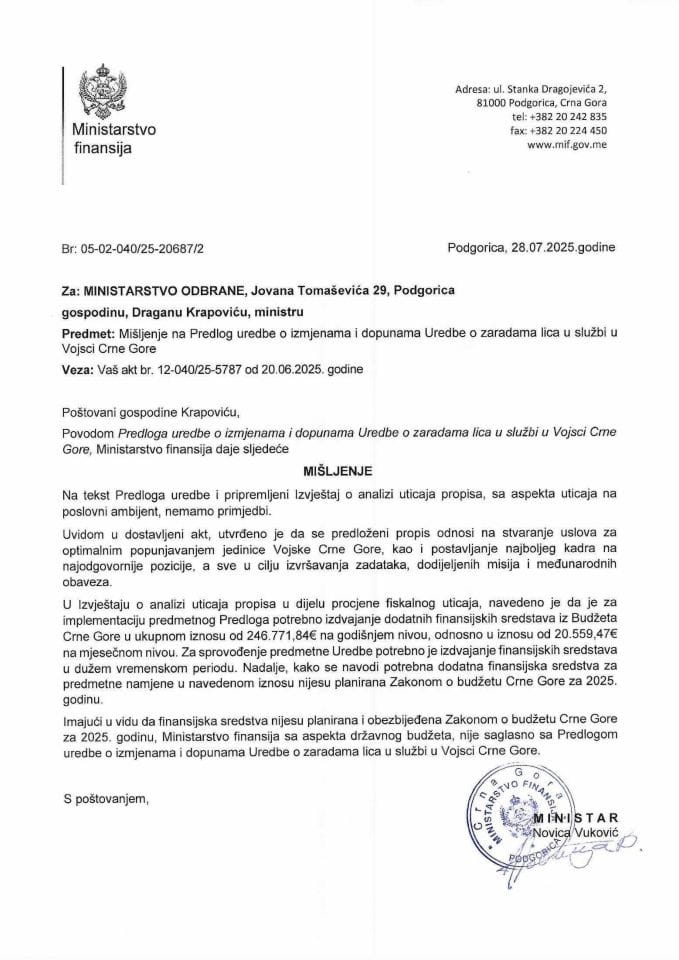 Mišljenje na Predlog uredbe o izmjenama i dopunama Uredbe o zaradama lica u službi u Vojsci Crne Gore