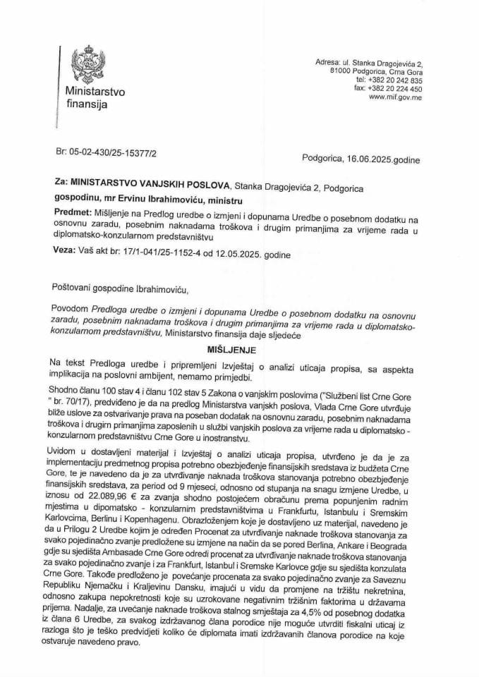 Mišljenje na Predlog uredbe o izmjeni i dopunama Uredbe o posebnom dodatku na osnovnu zaradu dipomatsko