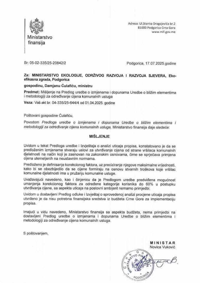 Mišljenje na Predlog uredbe o bizim elementima i metodlogiji za odredjivanje cijena komunalnih