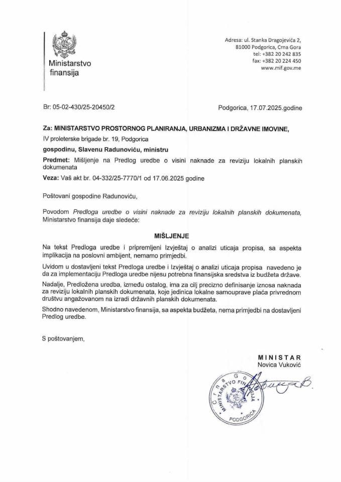 Mišljenje na Predlog uredbe o visini naknade za reviziju lokalnih planskih dokumenata