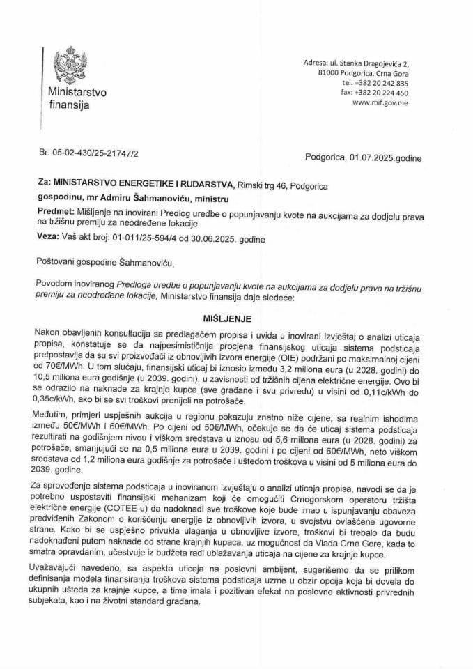 Mišljenje na Predlog uredbe o postupku popunjavnja i proširenja kvote na aukcijama za dodjelu prava na trzisnu premiju