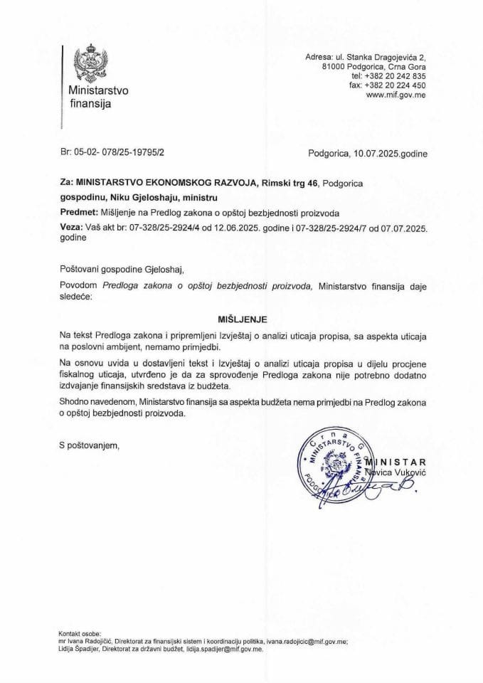 Mišljenje na Predlog zakona o opštoj bezbjednosti proizvoda