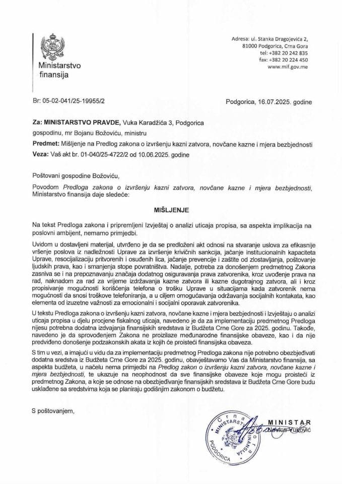 Mišljenje na Predlog zakona o izvršenju kazni zatvora, novčane kazne i mjera bezbjednosti