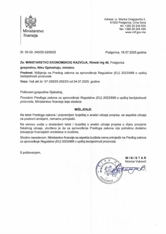 Mišljenje na Predlog zakona o sprovođenju Regulative EU 2023 988 o opštoj bezbjednosti proizvoda