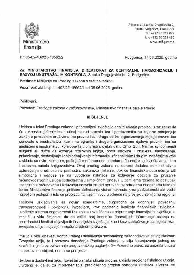 Mišljenje na Predlog zakona o računovodstvu