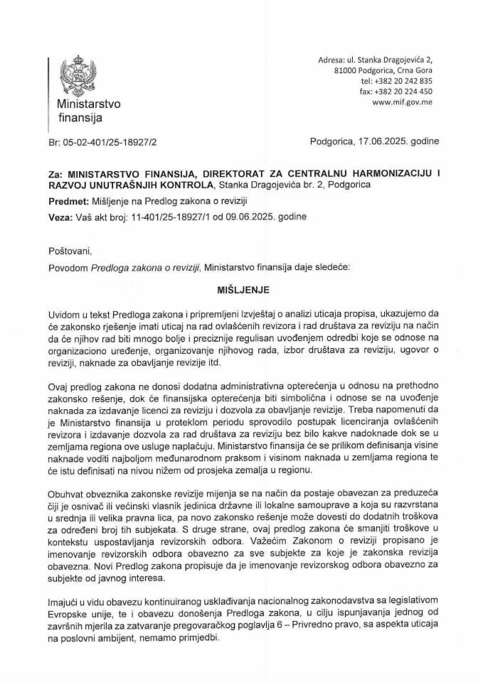 Mišljenje na Predlog zakona o reviziji