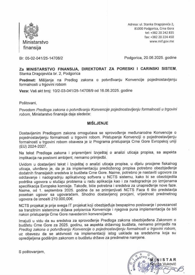 Mišljenje na Predlog zakona o potvrđivanju Konvencije pojednostavljenju formalnosti u trgovini robom