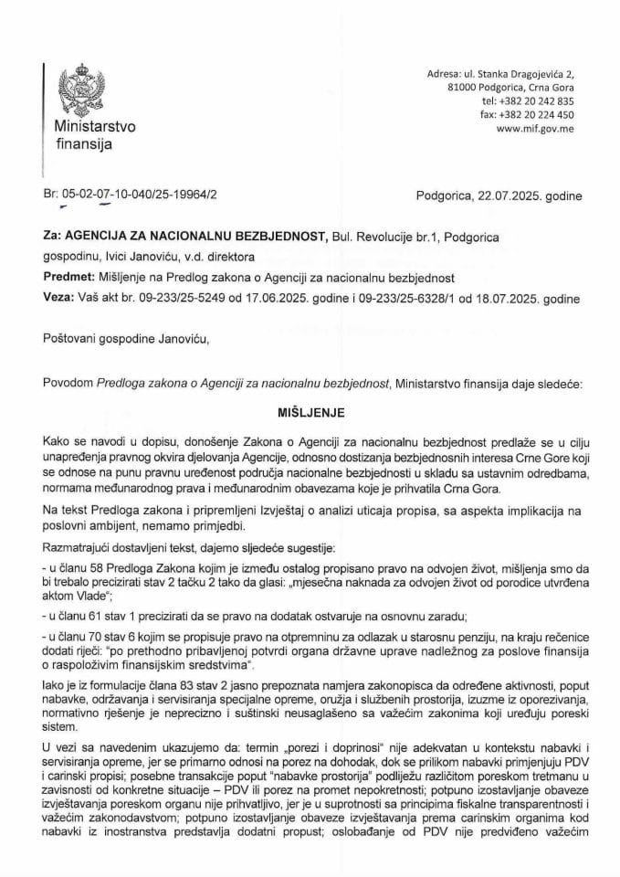 Mišljenje na Predlog zakona o Agenciji za nacionalnu bezbjednost