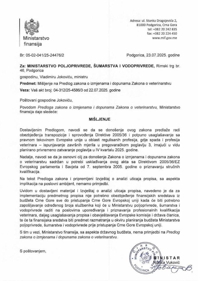 Mišljenje na Predlog zakona o izmjenama i dopunama Zakona o veterinarstvu