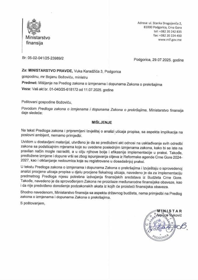 Mišljenje na Predlog zakonama o izmjenama i dopunama Zakona o prekršajima