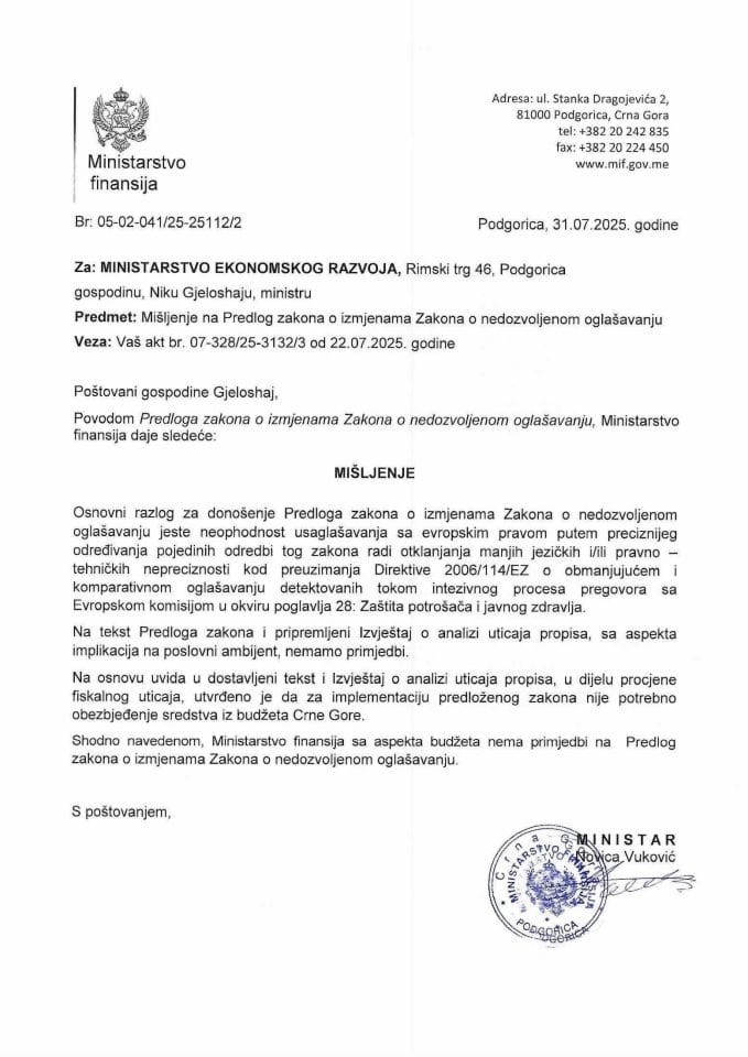 Mišljenje na Predlog zakona o izmjenama Zakona o nedozvoljenom oglašavanju