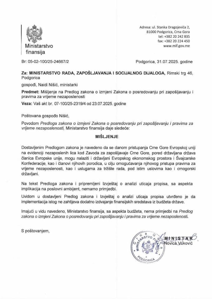 Mišljenje na Predlog zakona o izmjeni Zakona o posredovanju pri zapošljvanju i pravima za vrijeme nezaposlenosti