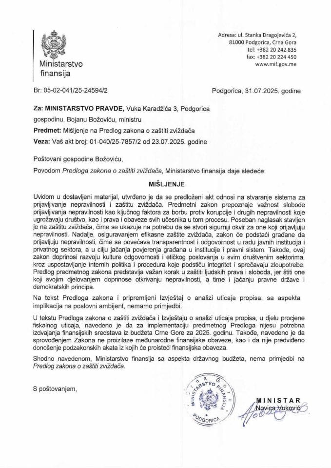 Mišljenje na Predlog zakona o zaštiti zviždača