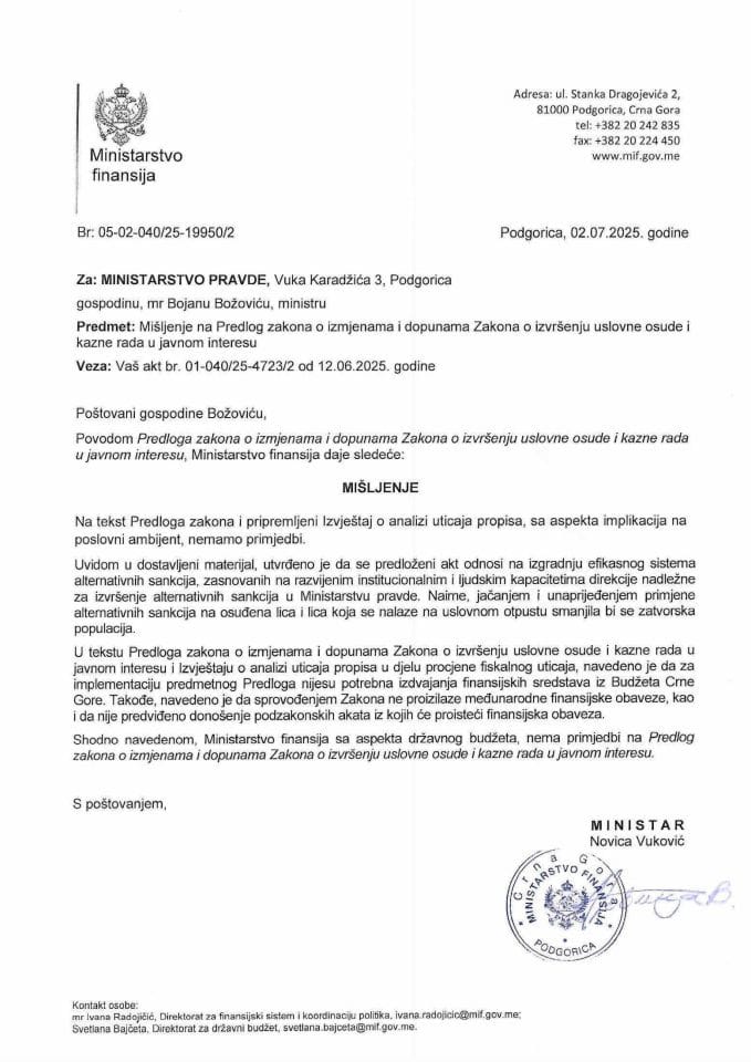 Mišljenje na Predlog zakona o izmjenama i dopunama Zakona o izvrsenju uslovne osude