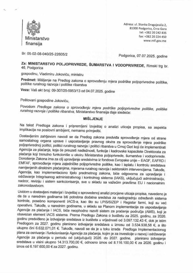Mišljenje na Predlog zakona o sprovodjenju mjera podrske poljoprivredne politike, politike ruralnog razvoja  i politike ribarstva