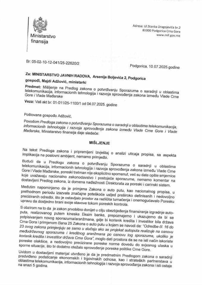 Mišljenje na Predlog zakona o potrvdjivanju Sporazuma o saradnji u oblastima telekomunikacija