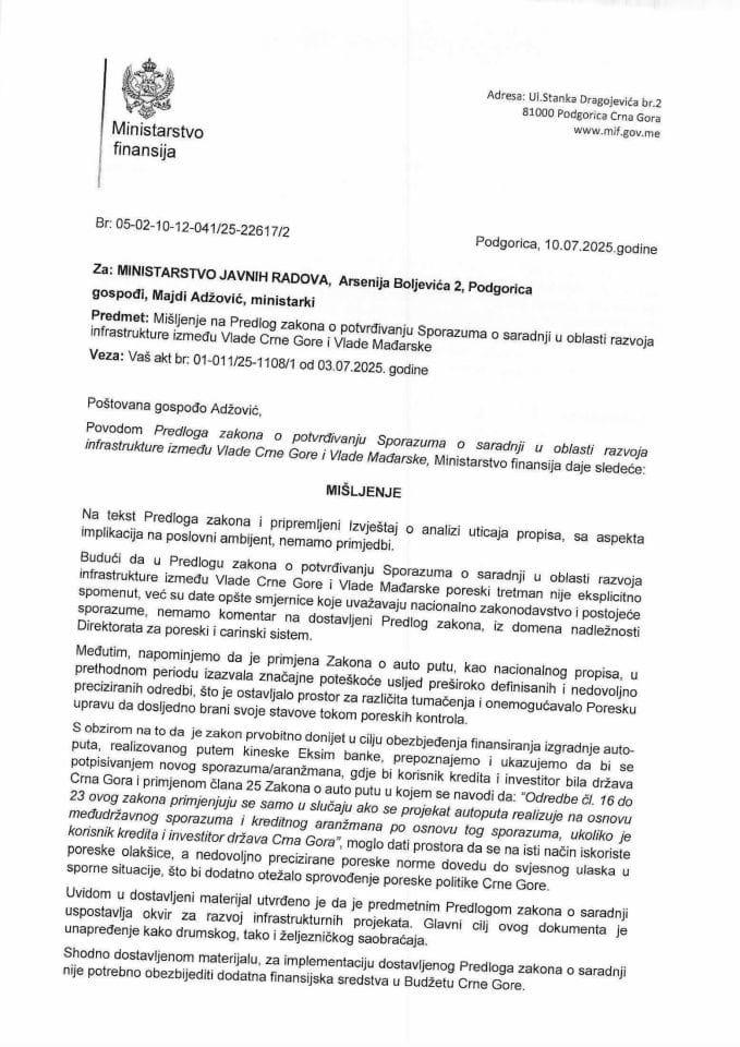 Mišljenje na Predlog zakona o potrvdjivanju Sporazuma o saradnji u oblasti razvoja infrastrukture