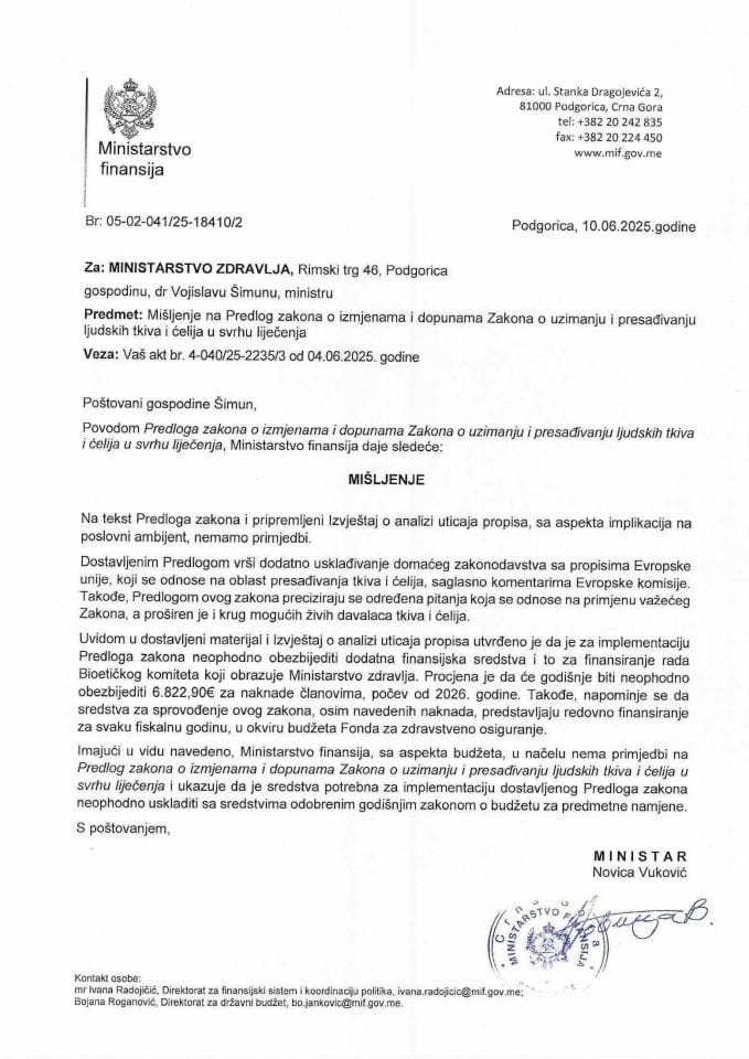 Mišljenje na Predlog zakona o izmjenama i dopunama Zakona o uzimanju i presađivanju ljudskih tkiva