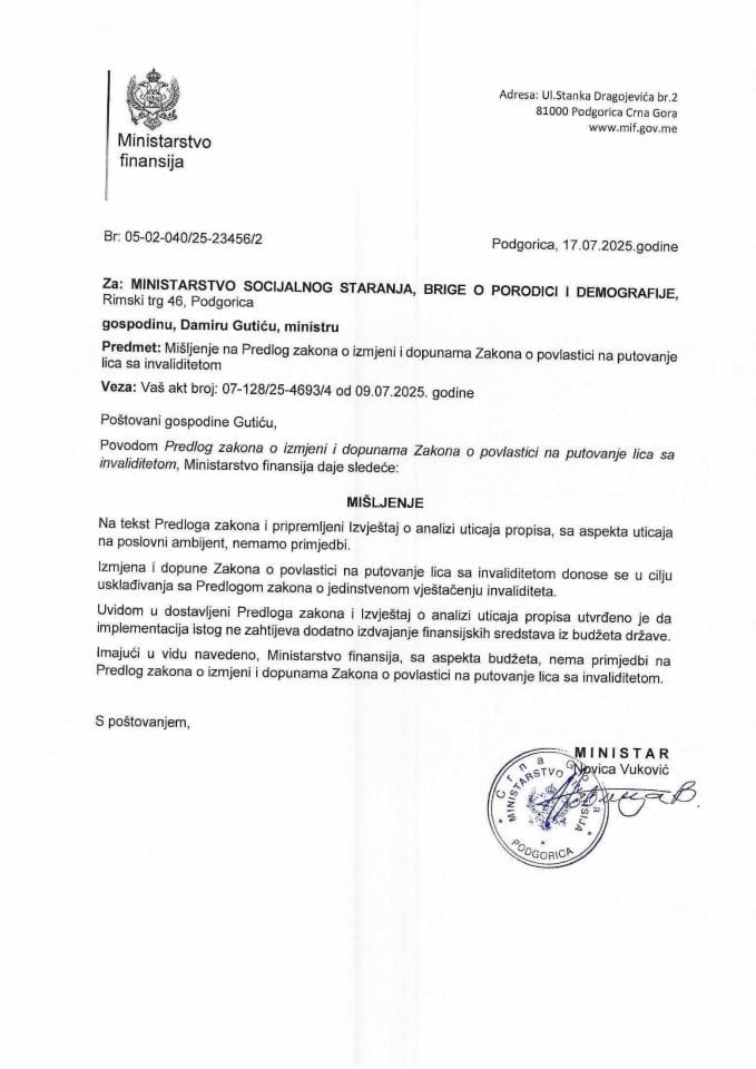 Mišljenje na Zakon o povlastici na putovanje lica sa invaliditetom