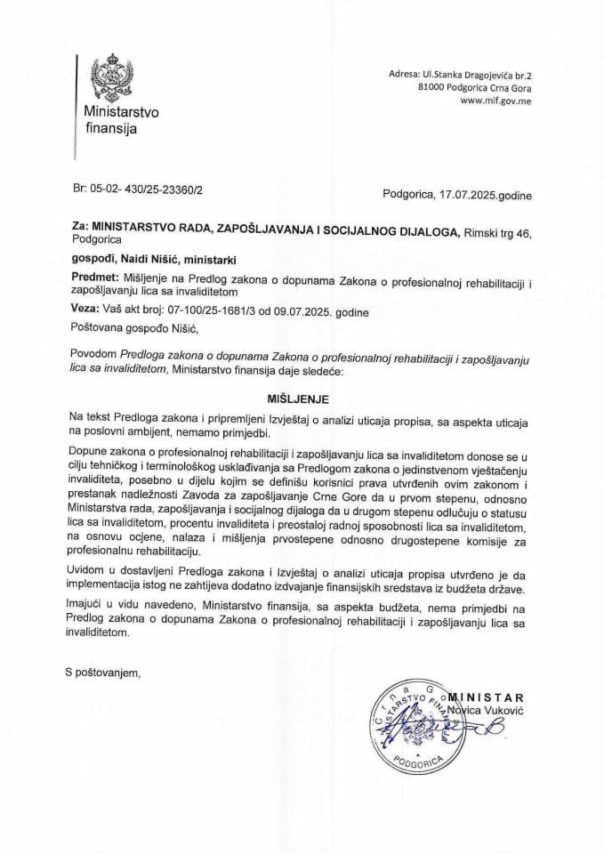 Mišljenje na Zakon o profesionalnoj rehabilitaciji i zapošljavanju lica sa invaliditetom