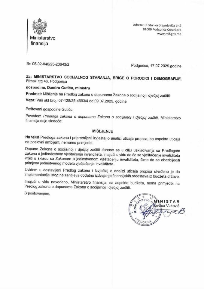 Mišljenje na Predlog izmjena i dopuna Zakona o socijalnoj i dječjoj zaštiti