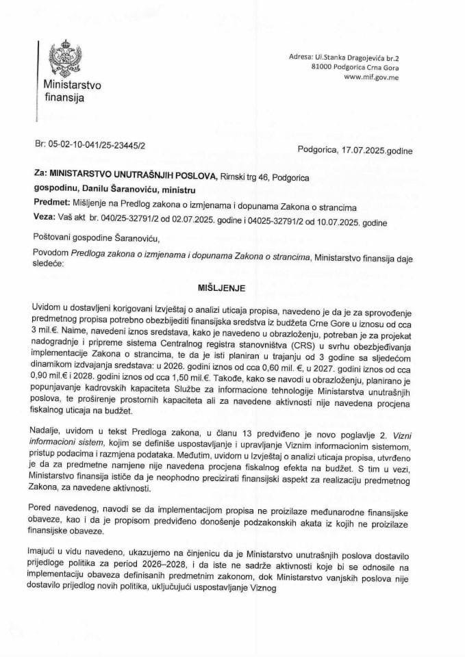 Mišljenje na Predlog zakona o izmjenama i dopunama Zakona o strancima