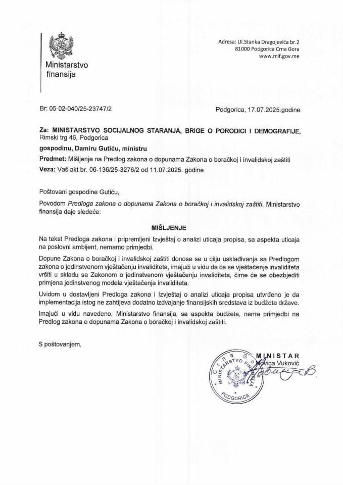 Mišljenje na Zakon o boračkoj i invalidskoj zaštiti