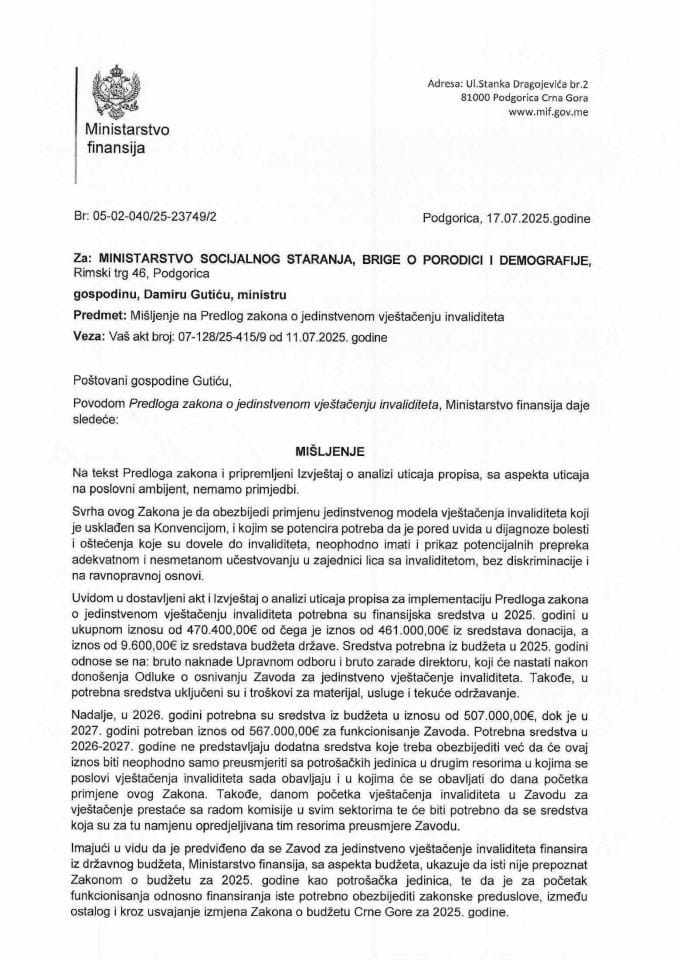 Mišljenje na Zakon o jedinstvenom vjestacenju